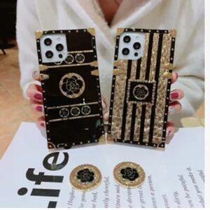 NEW iPhone 13 12 11 Pro Max XS Glitter Black and Gold Designer Phone Case w Ring